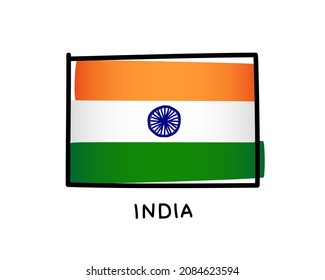 Indian flag. India flag colorful logo. Orange, white and green hand-drawn brush strokes. Black outline. Vector illustration isolated on white background.