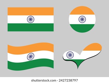 Bandera india. Bandera de la India en forma de corazón. Bandera de India en forma de círculo. Variaciones de la bandera del país.	