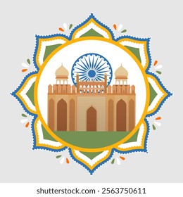 Indian Flag Mandala Frame with Red Fort Monument for Happy Republic Day and Independence Day Concept.