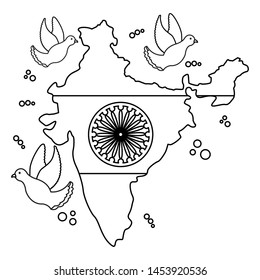 indian flag map and ashoka chakra with doves flying vector illustration design