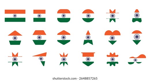 Bandeira indiana mascarando em muitas formas como retângulo, quadrado, círculo, inícios, pentágono, hexágono, coração, pino de localização, plano, tag e formas irregulares ícones e símbolos para o dia da república, dia da independência.