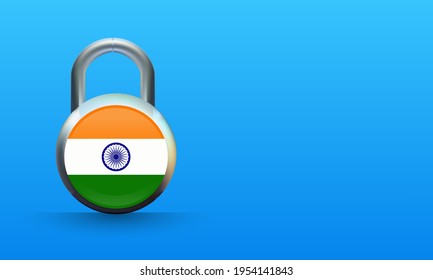 Bandera india sobre candado aislado en fondo azul, concepto de bloqueo de coronavirus. ilustración del vector covid-19.