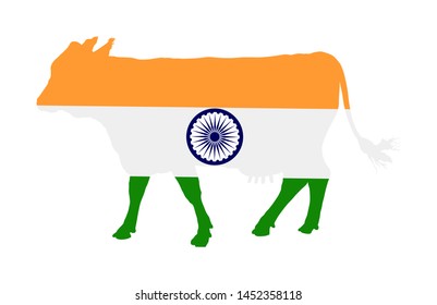 Indian flag over cow vector isolated. India holy animal symbol. 