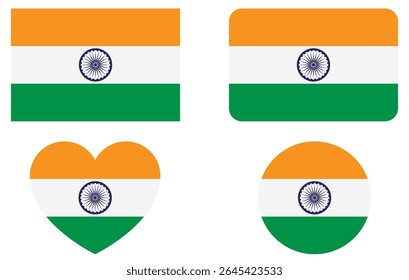 indian flag in round, heart and rectangular shape with ashok chakra isolated with white background. green white navy blue and orange coloured indian flag. vector illustrator.