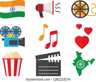Indian flag, speaker,reel,popcorn,heart, music, camera, film icons