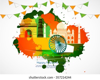 Indian flag theme Vector Illustration or background for 26 January, republic day India with the monumental of india.