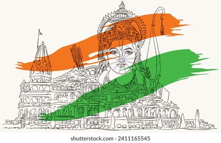 Indian flag or three colors, illustration of ayodhya ram mandir with god rama isolated white bakground