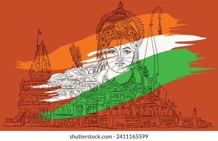 Indian flag or three colors, illustration of ayodhya ram mandir with god rama