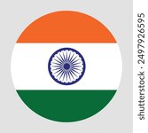 Indian Flag Vector Illustration, national  flag of India round vector drawing, circular flag Logo illustration, Independence Day badge, Standard color flat logo, India Flag Button Icon, August 15