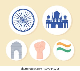 iconos planos de la rueda de la bandera india y del templo