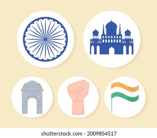 indian flag wheel and temple flat icons