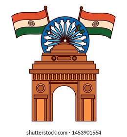 indian flags with ashoka chakra and gate building vector illustration design