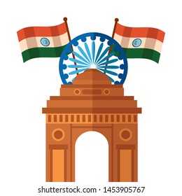 indian flags with ashoka chakra and gate building vector illustration design