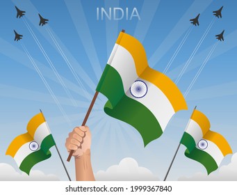 Indian flags flying under the blue sky