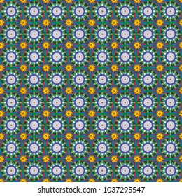 Indian floral backdrop. Vector seamless pattern. Green, blue and gray wallpaper. Paisley and Mandalas.