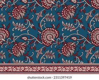 INDIAN FLORAL BLOCK PRINT WITH BORDER SEAMLESS PATTERN VECTOR ILLUSTRATION - Shutterstock ID 2311397419