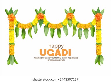 Indian floral garland (toran) with zendu flowers (marigold) and mango leaves isolated on white. Decoration for many festivals – Ugadi, Gudi Padwa, Pongal, Onam. Vector illustration.