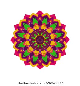 Indian floral mandala on white background. Oriental pattern logo element. Ornamental unusual ethnic print design. Round colorful yoga and meditation decorative symbol. Arabic bohemian vector flower.