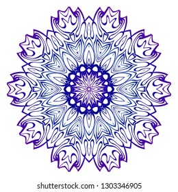 Indian Floral Mandala Pattern. Vector Henna Tattoo Style. Can Be Used For Textile, Greeting Card, Coloring Book, Phone Case Print. Blue purple gradient.