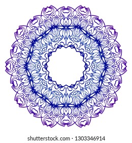 Indian Floral Mandala Pattern. Vector Henna Tattoo Style. Can Be Used For Textile, Greeting Card, Coloring Book, Phone Case Print. Blue purple gradient.