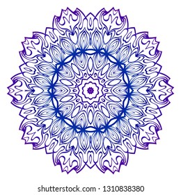 Indian Floral Mandala Pattern. Vector Henna Tattoo Style. Can Be Used For Textile, Greeting Card, Coloring Book, Phone Case Print. Blue purple gradient.