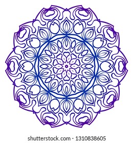 Indian Floral Mandala Pattern. Vector Henna Tattoo Style. Can Be Used For Textile, Greeting Card, Coloring Book, Phone Case Print. Blue purple gradient.