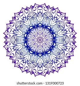 Indian Floral Mandala Pattern. Vector Henna Tattoo Style. Can Be Used For Textile, Greeting Card, Coloring Book, Phone Case Print. Blue purple gradient.