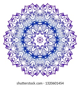 Indian Floral Mandala Pattern. Vector Henna Tattoo Style. Can Be Used For Textile, Greeting Card, Coloring Book, Phone Case Print. Blue purple gradient.