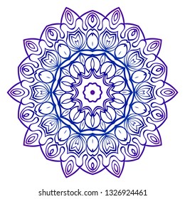 Indian Floral Mandala Pattern. Vector Henna Tattoo Style. Can Be Used For Textile, Greeting Card, Coloring Book, Phone Case Print. Blue purple gradient.