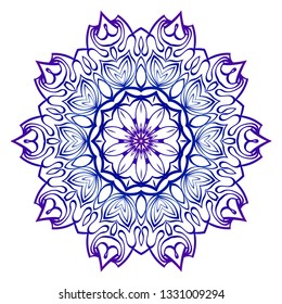 Indian Floral Mandala Pattern. Vector Henna Tattoo Style. Can Be Used For Textile, Greeting Card, Coloring Book, Phone Case Print. Blue purple gradient.