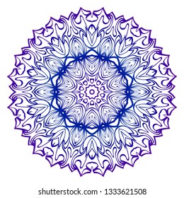 Indian Floral Mandala Pattern. Vector Henna Tattoo Style. Can Be Used For Textile, Greeting Card, Coloring Book, Phone Case Print. Blue purple gradient.
