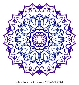 Indian Floral Mandala Pattern. Vector Henna Tattoo Style. Can Be Used For Textile, Greeting Card, Coloring Book, Phone Case Print. Blue purple gradient.