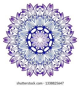 Indian Floral Mandala Pattern. Vector Henna Tattoo Style. Can Be Used For Textile, Greeting Card, Coloring Book, Phone Case Print. Blue purple gradient.