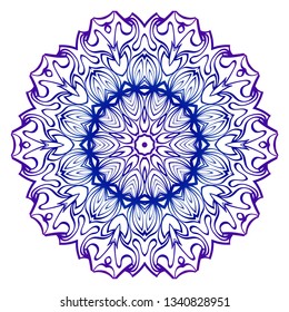 Indian Floral Mandala Pattern. Vector Henna Tattoo Style. Can Be Used For Textile, Greeting Card, Coloring Book, Phone Case Print. Blue purple gradient.