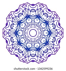 Indian Floral Mandala Pattern. Vector Henna Tattoo Style. Can Be Used For Textile, Greeting Card, Coloring Book, Phone Case Print. Blue purple gradient.