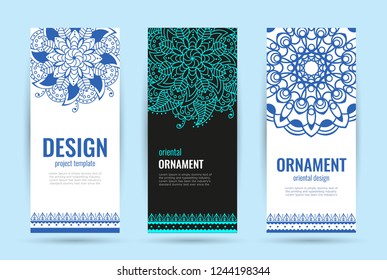 Indian floral medallion banners. Mandala ornament design. Henna tattoo style. Can be used for textile, greeting card, coloring book, rollup, banners. Vector illustration.