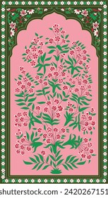 Indian floral ornament. Mughal floral traditional ornament with arch and motif borders. Floral Wall Art Wall Frame illustrations.