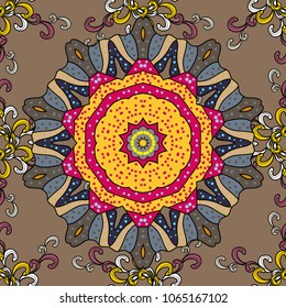 Indian floral paisley medallion banners. Vector ethnic Mandala ornament. Henna tattoo style on a beige, yellow, black, magenta, neutral colors. Can be used for textile, greeting card, phone case print
