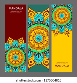 Indian floral paisley medallion banners. Ethnic Mandala ornament. Can be used for textile, greeting card, coloring book, phone case print.