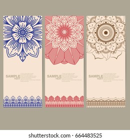 Indian floral paisley medallion banners. Ethnic Mandala emblem ornament. Vector Henna tattoo style. Can be used for textile, greeting card, coloring book, phone case print.