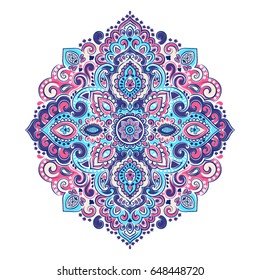 Indian floral paisley medallion. Ethnic Mandala ornament. Vector Henna tattoo style. Can be used for textile, greeting card, coloring book, phone case print.