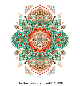 Indian floral paisley medallion. Ethnic Mandala ornament. Vector Henna tattoo style. Can be used for textile, greeting card, coloring book, phone case print.