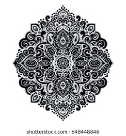 Indian floral paisley medallion. Ethnic Mandala ornament. Vector Henna tattoo style. Can be used for textile, greeting card, coloring book, phone case print.