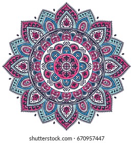 Indian floral paisley medallion. Ethnic Mandala Ornament. Vector Henna tattoo style. Can be used for textile, greeting card, coloring book, phone case print.