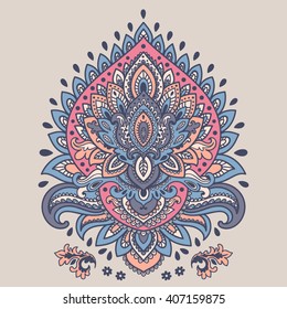 Indian floral paisley medallion pattern. Ethnic Mandala ornament. Vector Henna tattoo style. Can be used for textile, greeting card, coloring book, phone case print.