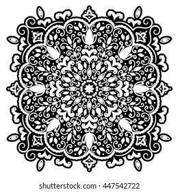 Indian floral paisley medallion pattern. Ethnic Mandala ornament. Vector Henna tattoo style. Can be used for textile, greeting card, coloring book, phone case print.