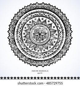 Indian floral paisley medallion pattern. Ethnic Mandala ornament. Vector Henna tattoo style. Can be used for textile, greeting card, coloring book, phone case print.
