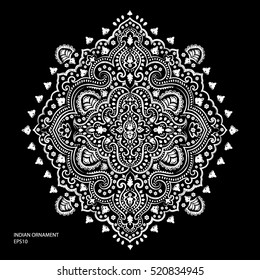 Indian floral paisley medallion pattern. Ethnic Mandala ornament. Vector Henna tattoo style. Can be used for textile, greeting card, coloring book, phone case print.