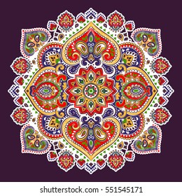 Indian floral paisley medallion pattern. Ethnic Mandala ornament. Vector Henna tattoo style. Can be used for textile, greeting card, coloring book, phone case print.