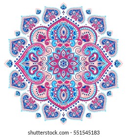 Indian floral paisley medallion pattern. Ethnic Mandala ornament. Vector Henna tattoo style. Can be used for textile, greeting card, coloring book, phone case print.